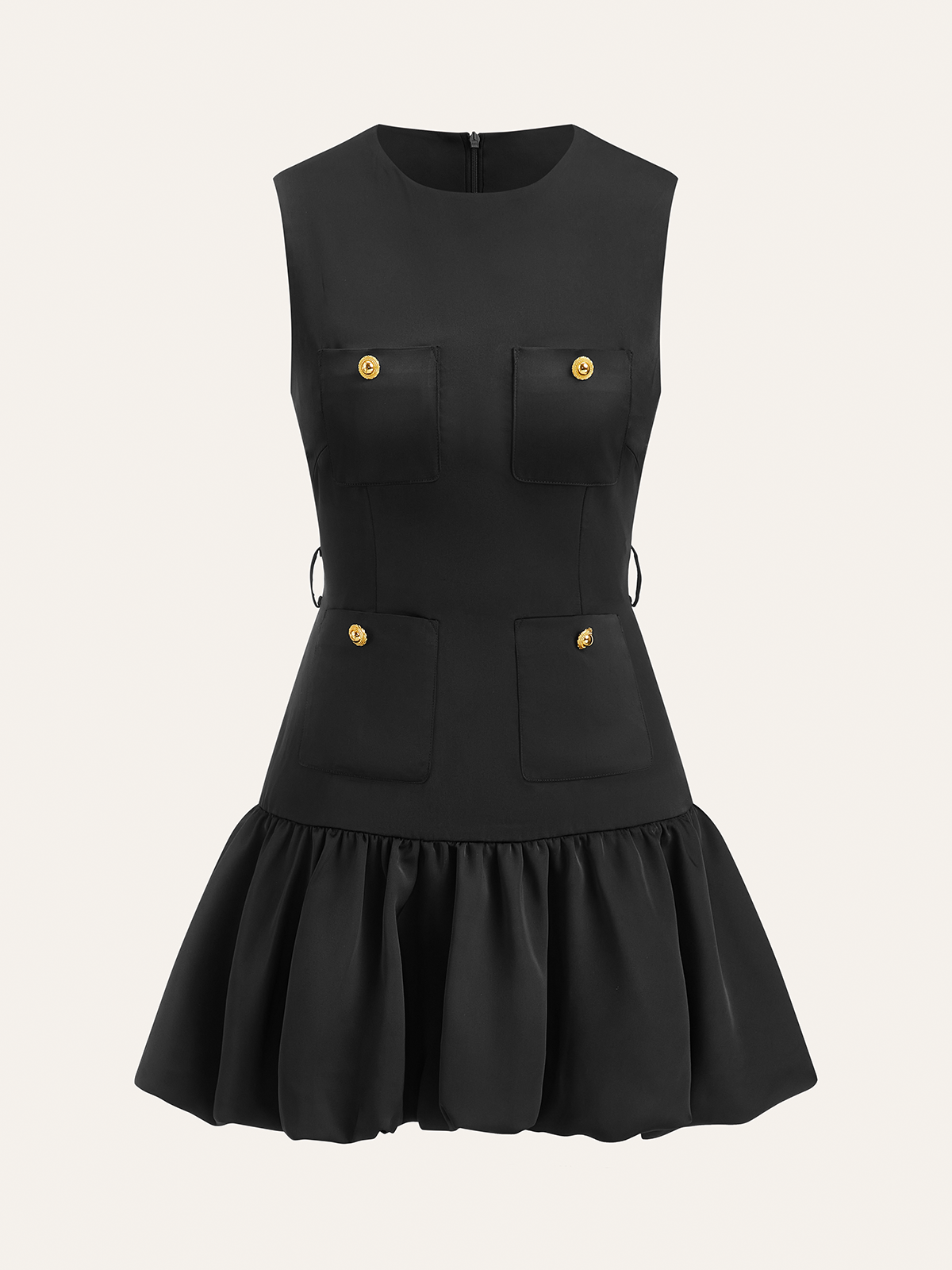 Kemersiz Volanlı Etek Metal Düğmeli Mini Elbise