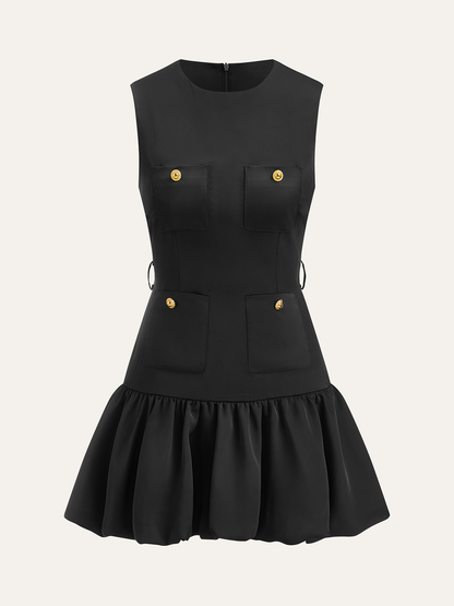 Kemersiz Volanlı Etek Metal Düğmeli Mini Elbise