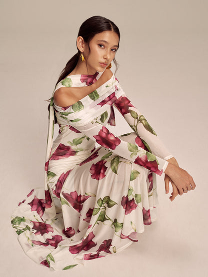 Çiçek Desenli Omuz Açık File Uzun Elbise ve Eşarp Detayı