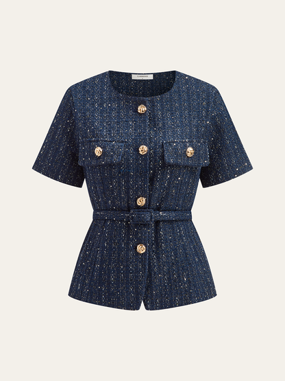 Kemerli Tweed Kısa Kollu Blazer