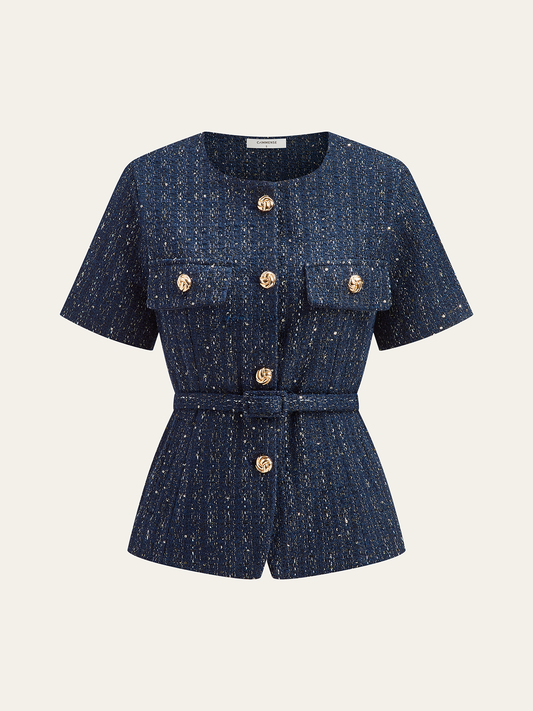 Kemerli Tweed Kısa Kollu Blazer