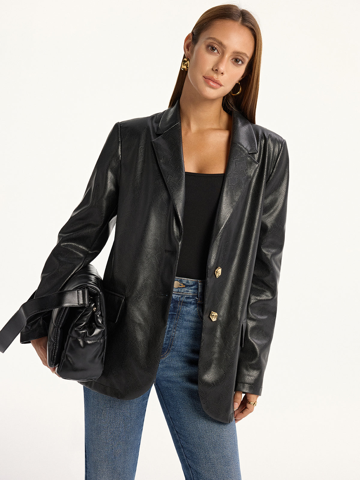 Yılan Desenli Metal Düğmeli PU Deri Blazer