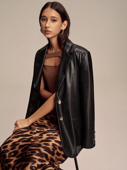 Yılan Desenli Metal Düğmeli PU Deri Blazer