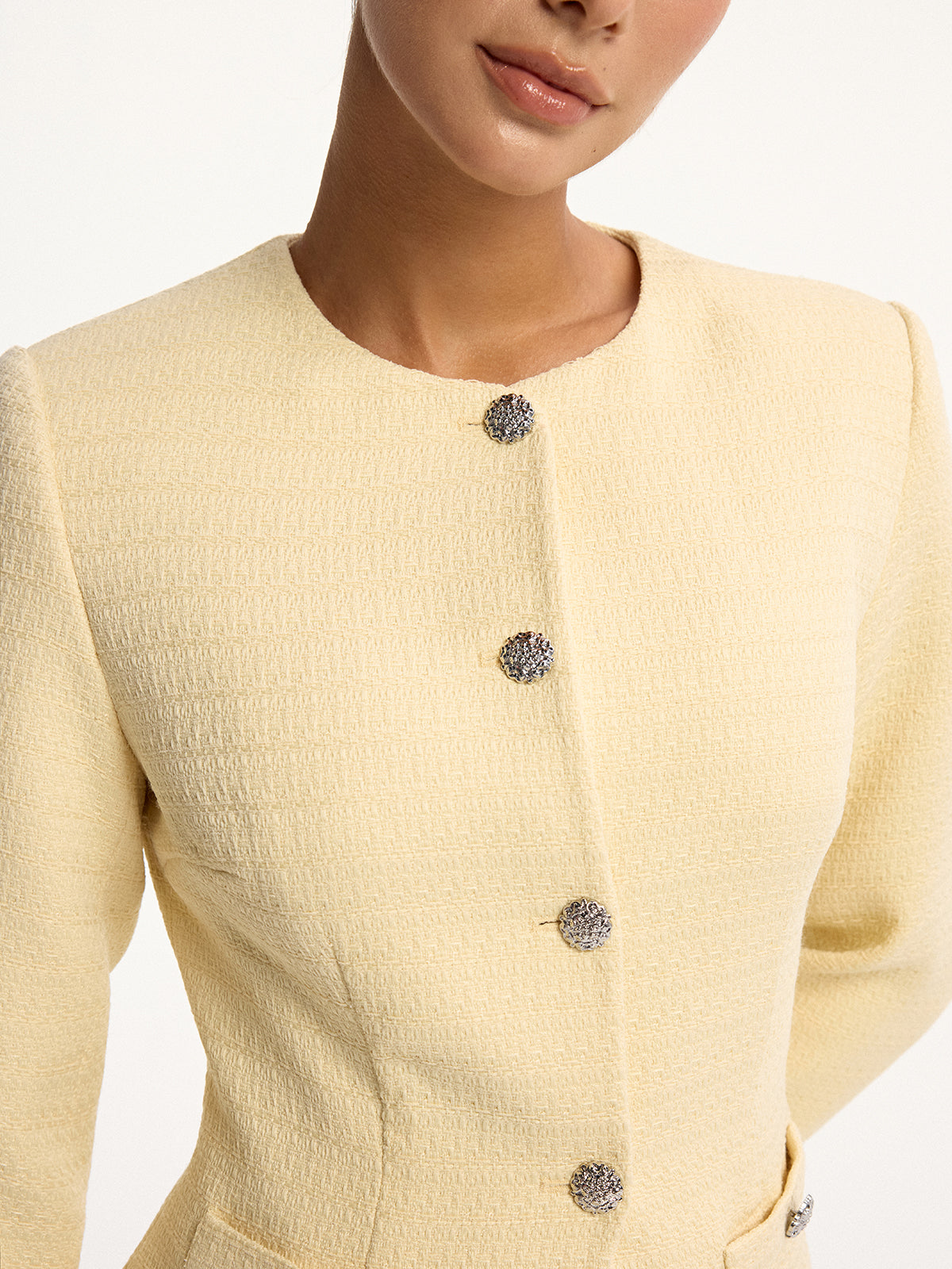 Metal Düğmeli Tweed Üst ve Şort Takımı