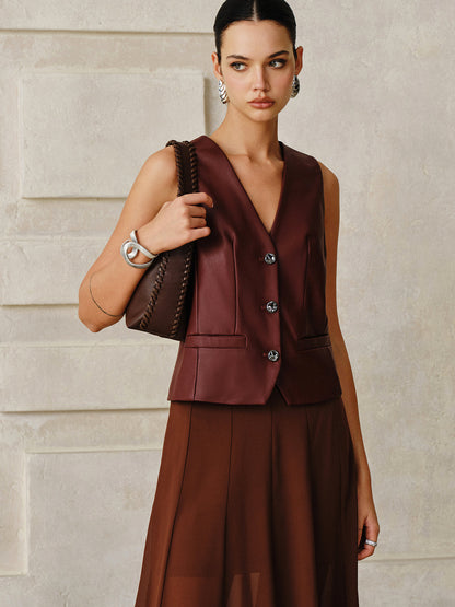 Suni Deri Metal Düğmeli Yelek