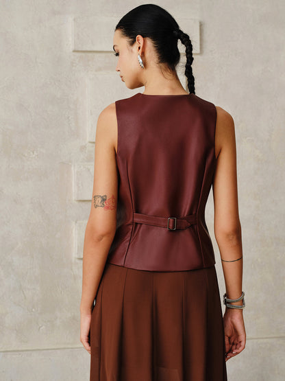 Suni Deri Metal Düğmeli Yelek