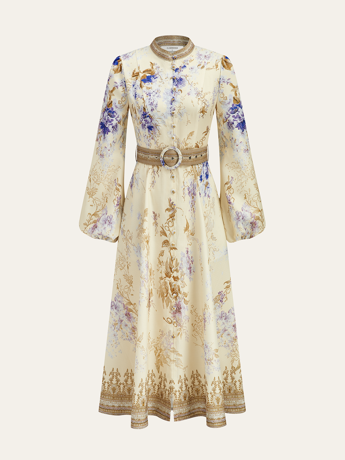 Kemerli Balon Kollu Çiçekli Elbise