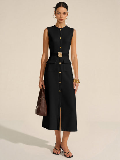Önü Düğmeli Kemerli Uzun Elbise