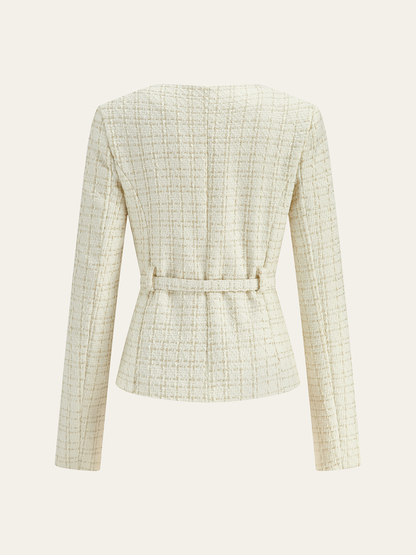 Metal Düğmeli Tweed Kemerli Blazer