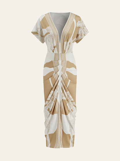 Kemersiz Baskılı Derin V Yaka Midi Elbise