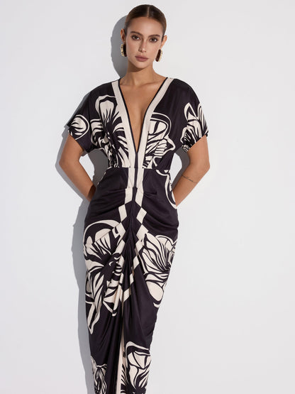 Çiçek Baskılı Büzgülü Derin V Yaka Midi Elbise