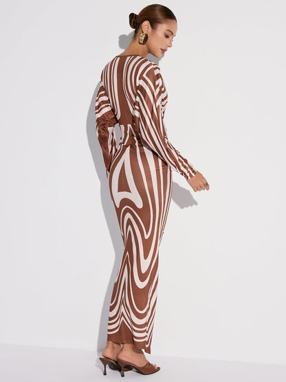 Kemersiz Çizgili Derin Yaka Yırtmaçlı Midi Elbise