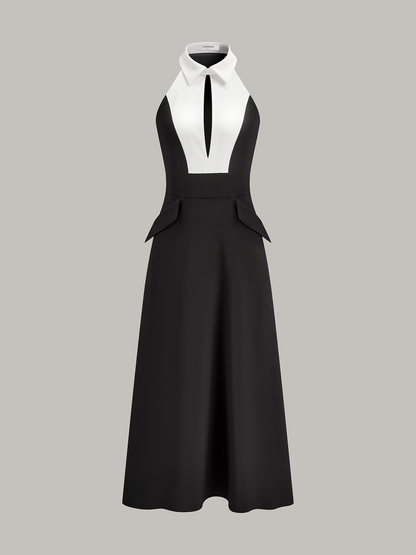 Kesik Kontrast Yaka Uzun Elbise