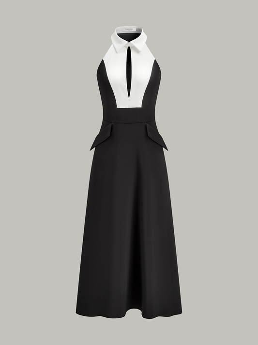 Kesik Kontrast Yaka Uzun Elbise