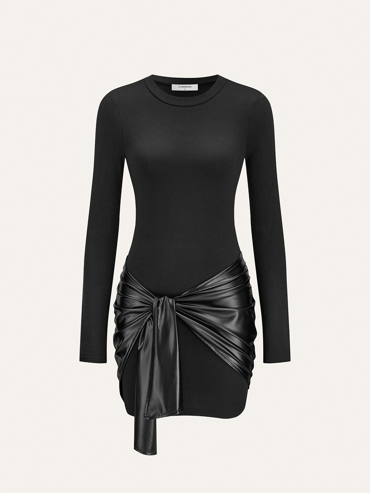 Suni Deri Panelli Örme Uzun Kollu Mini Elbise