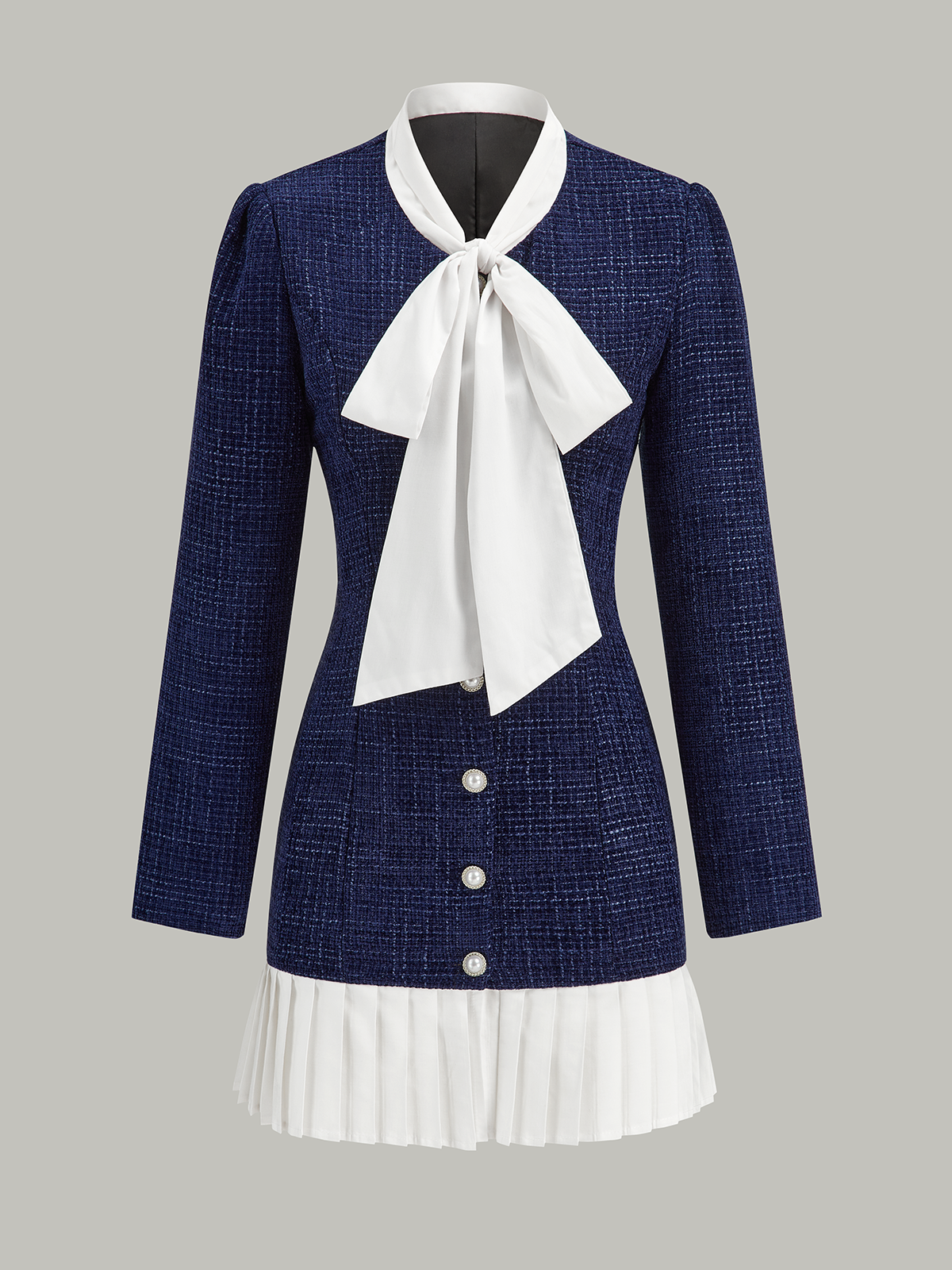 Pileli Etek Ucu Fiyonk Yaka Tweed Mini Elbise