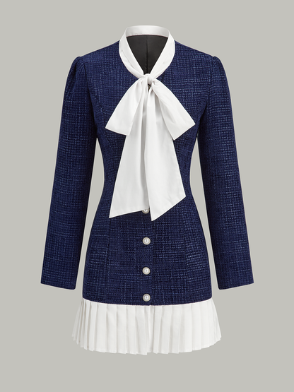 Pileli Etek Ucu Fiyonk Yaka Tweed Mini Elbise