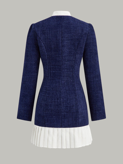 Pileli Etek Ucu Fiyonk Yaka Tweed Mini Elbise