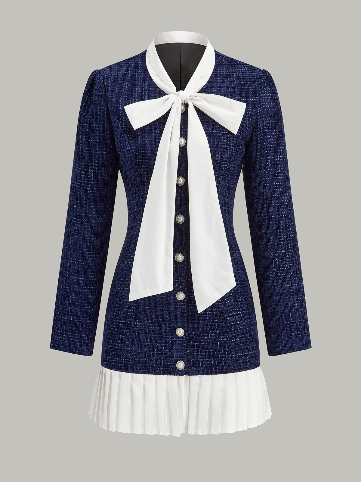 Pileli Etek Ucu Fiyonk Yaka Tweed Mini Elbise