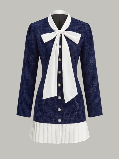 Pileli Etek Ucu Fiyonk Yaka Tweed Mini Elbise