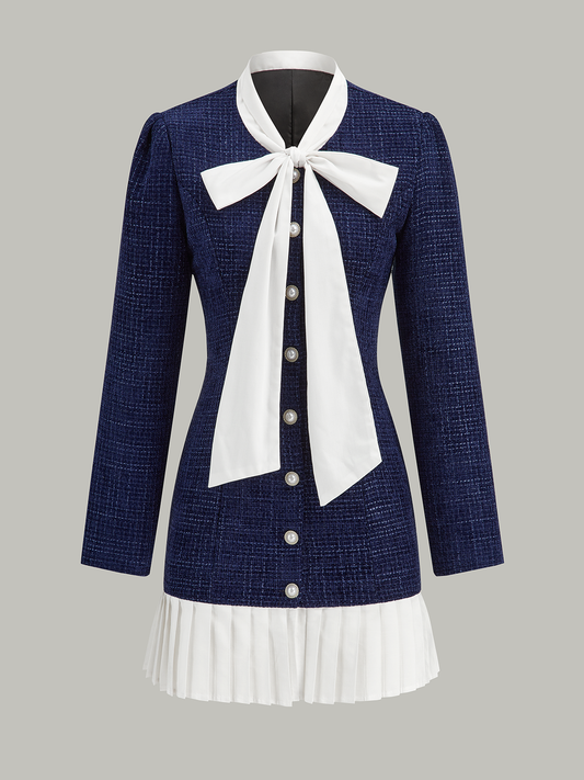 Pileli Etek Ucu Fiyonk Yaka Tweed Mini Elbise