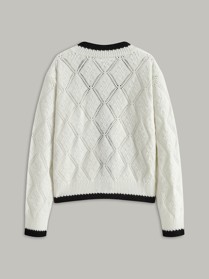 Kontrast Kenarlı Önü Bağcıklı Örgü Hırka