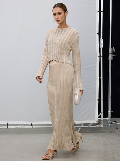 Simli Dokulu Üst ve Uzun Etek Takımı