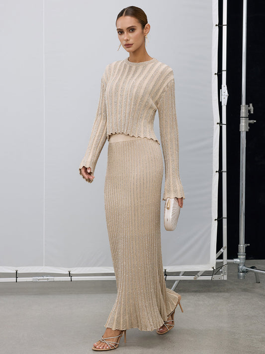 Simli Dokulu Üst ve Uzun Etek Takımı