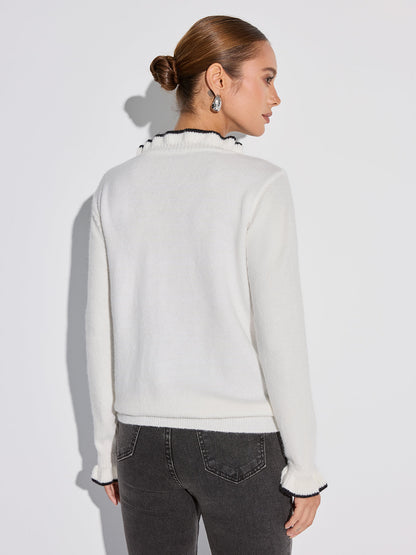 Kontrast Volanlı Düğmeli Kazak