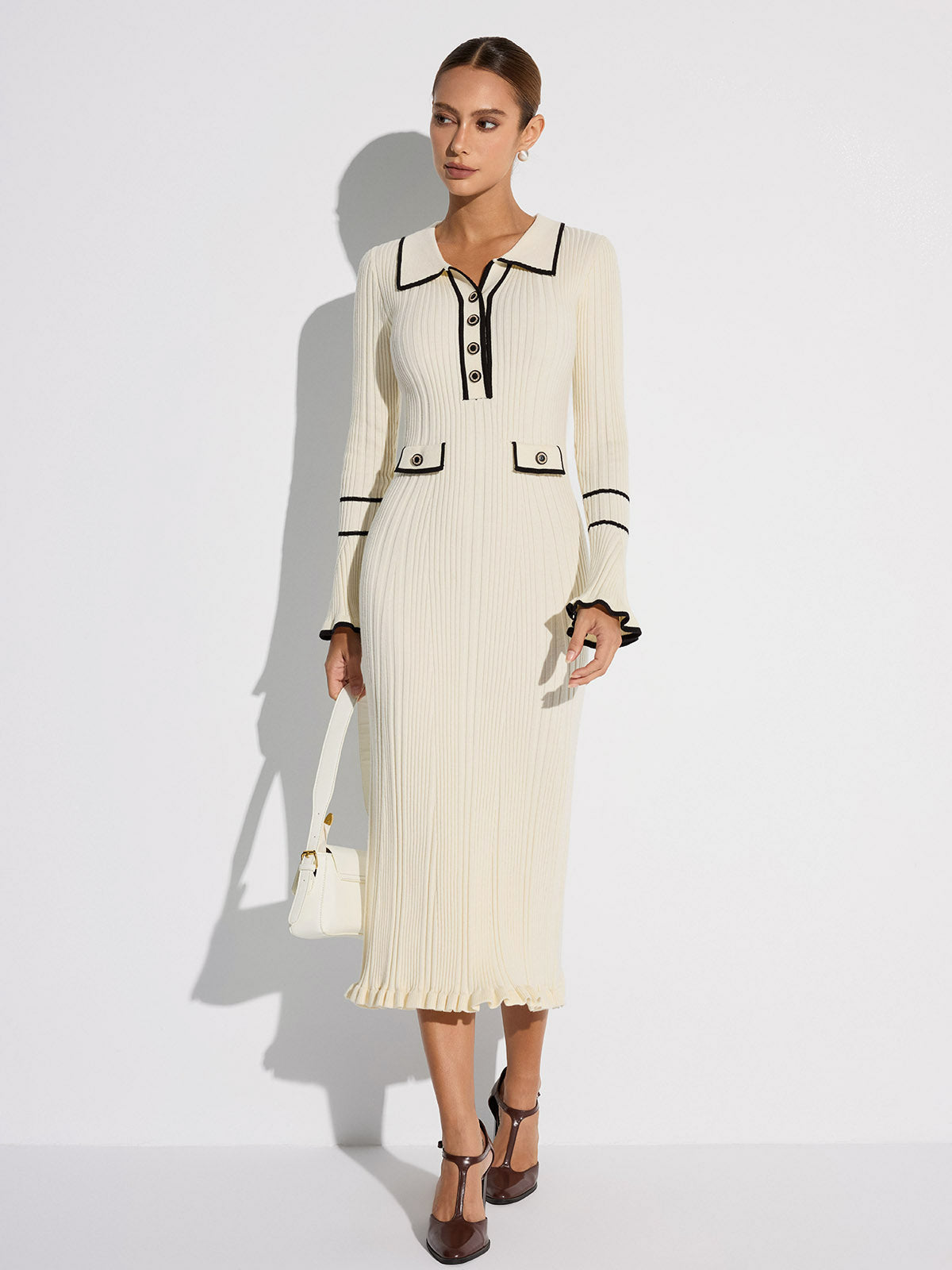 Kontrast Kesim Düğmeli Ribanalı Kazak Elbise