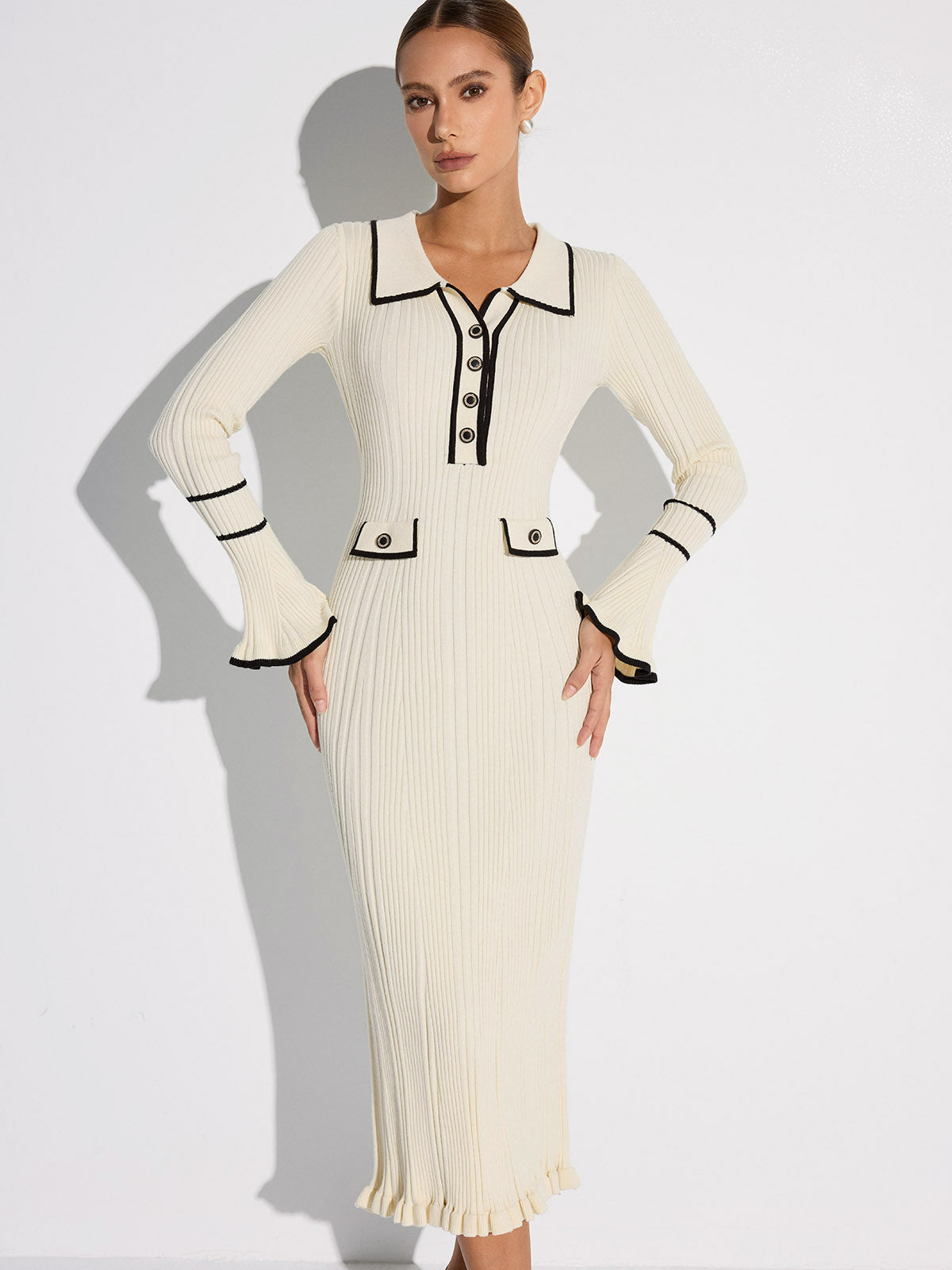 Kontrast Kesim Düğmeli Ribanalı Kazak Elbise