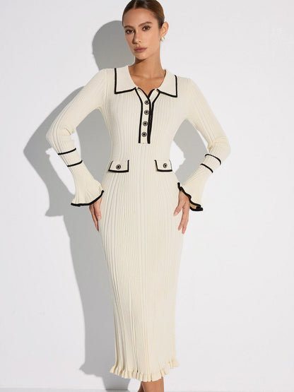 Kontrast Kesim Düğmeli Ribanalı Kazak Elbise