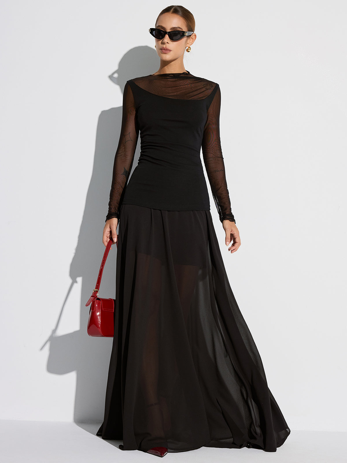 Yarı Şeffaf File Panel Uzun Kollu Tişört