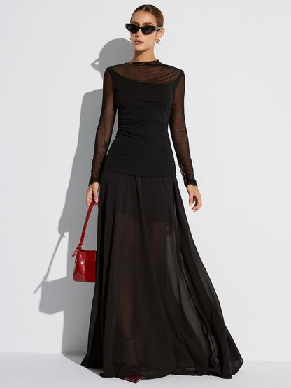 Yarı Şeffaf File Panel Uzun Kollu Tişört