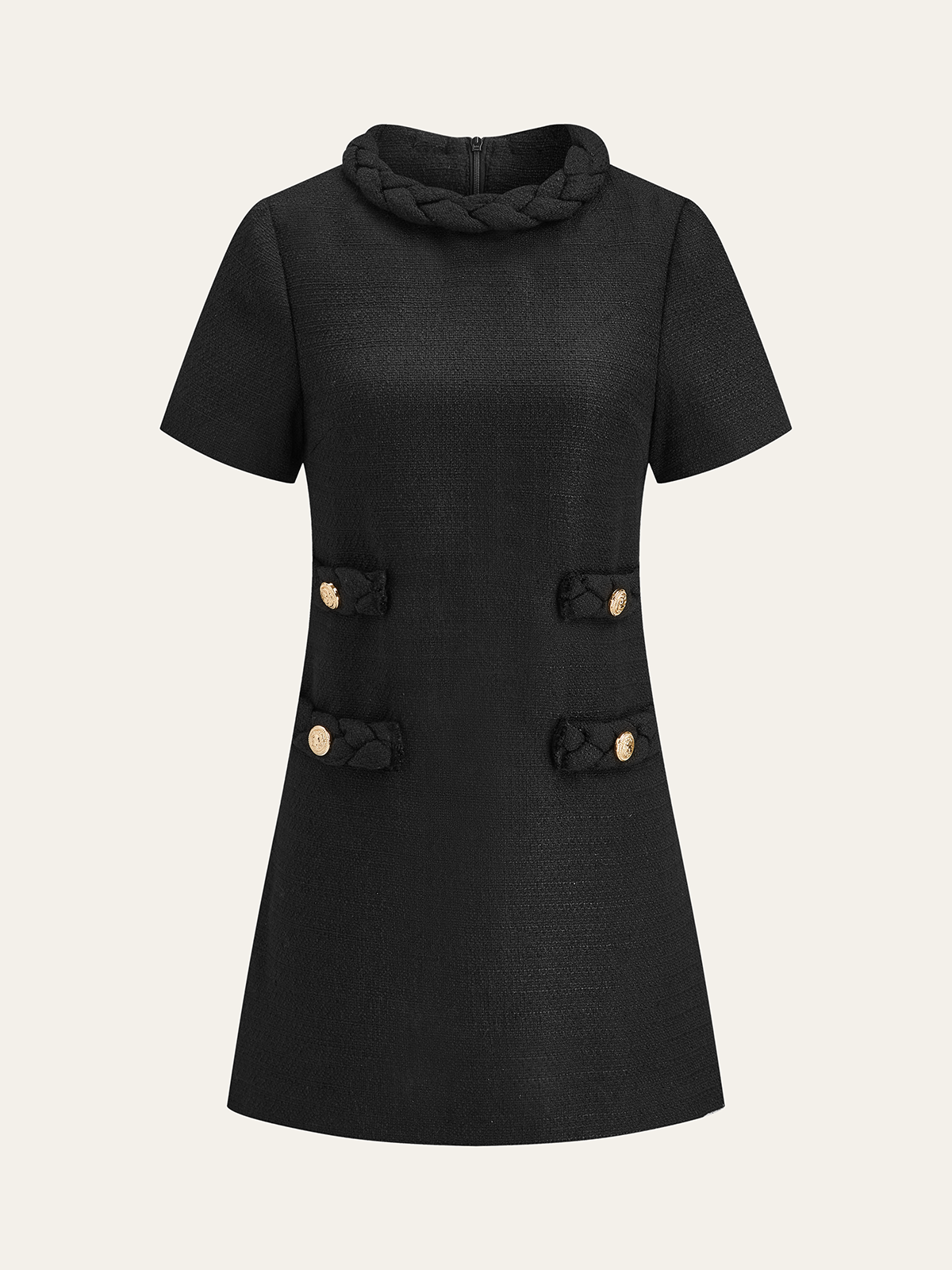 Tweed Örgülü Halat Yaka Kısa Kollu Elbise