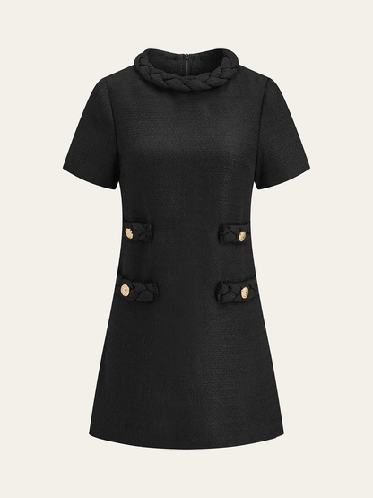 Tweed Örgülü Halat Yaka Kısa Kollu Elbise