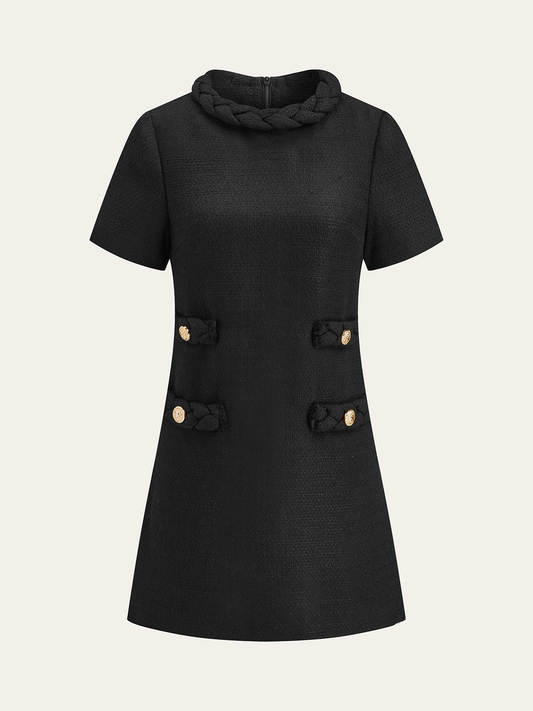 Tweed Örgülü Halat Yaka Kısa Kollu Elbise