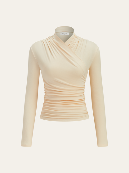 Çapraz Yaka Pileli Sıkılaştırılmış Tişört