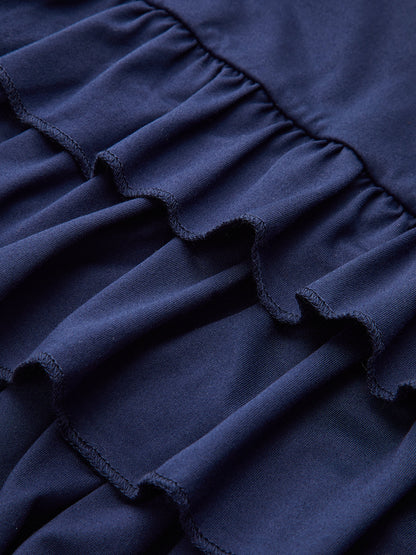 Uzun Kollu Büzgülü Bel Katmanlı Volanlı Elbise