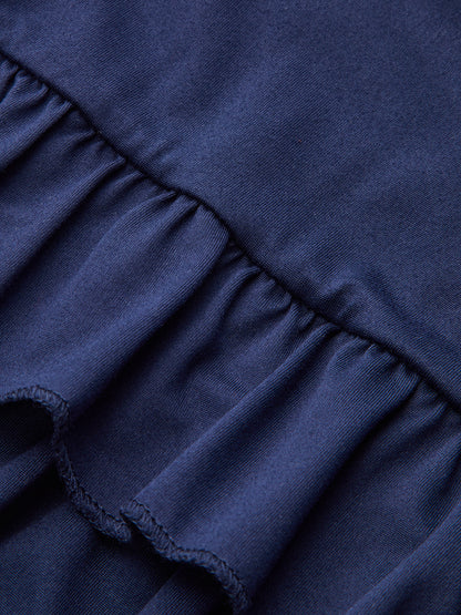 Uzun Kollu Büzgülü Bel Katmanlı Volanlı Elbise