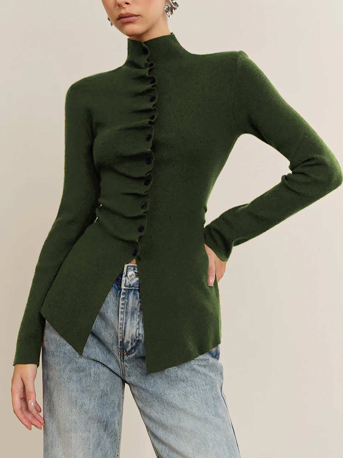 Düğmeli Pileli Bölünmüş Örgü Üst