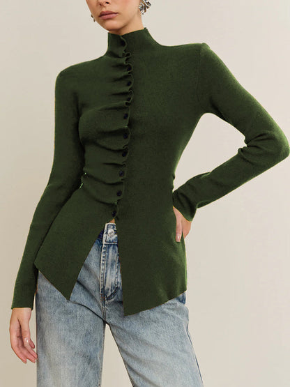 Düğmeli Pileli Bölünmüş Örgü Üst