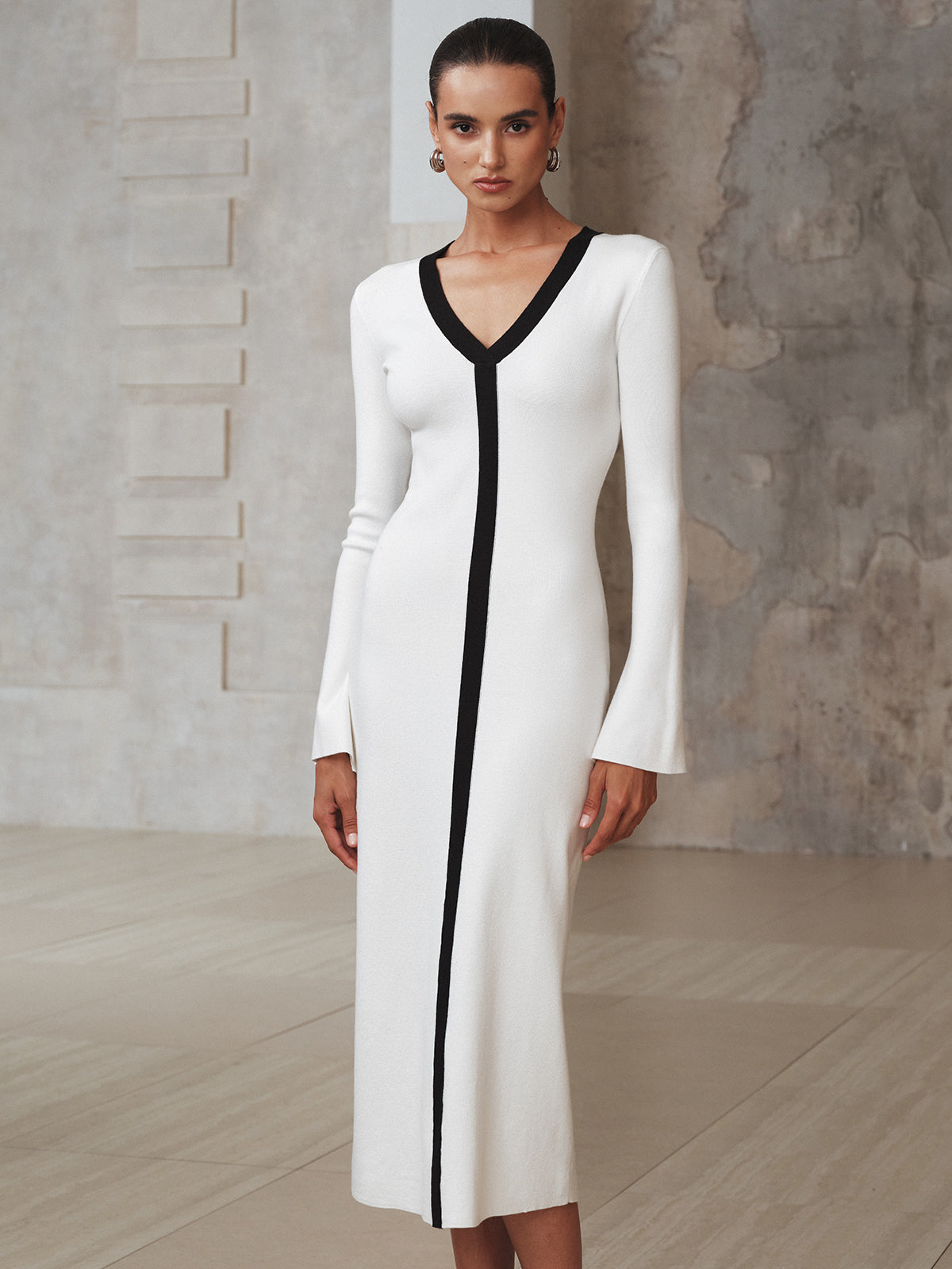 Kontrast Kesimli Örme Uzun Elbise