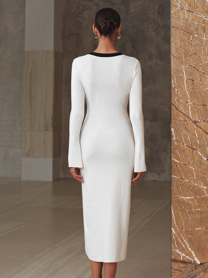 Kontrast Kesimli Örme Uzun Elbise