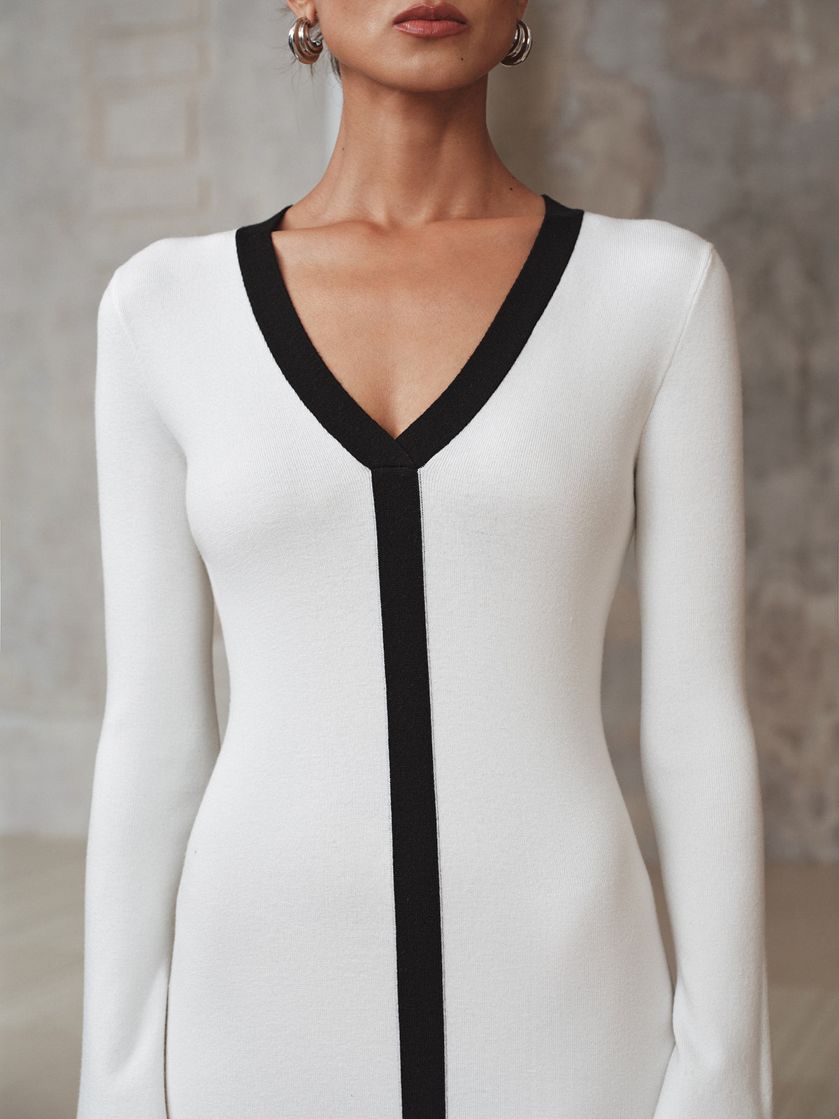 Kontrast Kesimli Örme Uzun Elbise