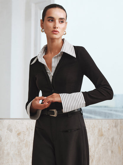 Sahte İki Parçalı Uzun Kollu İki Renkli Polo Üst