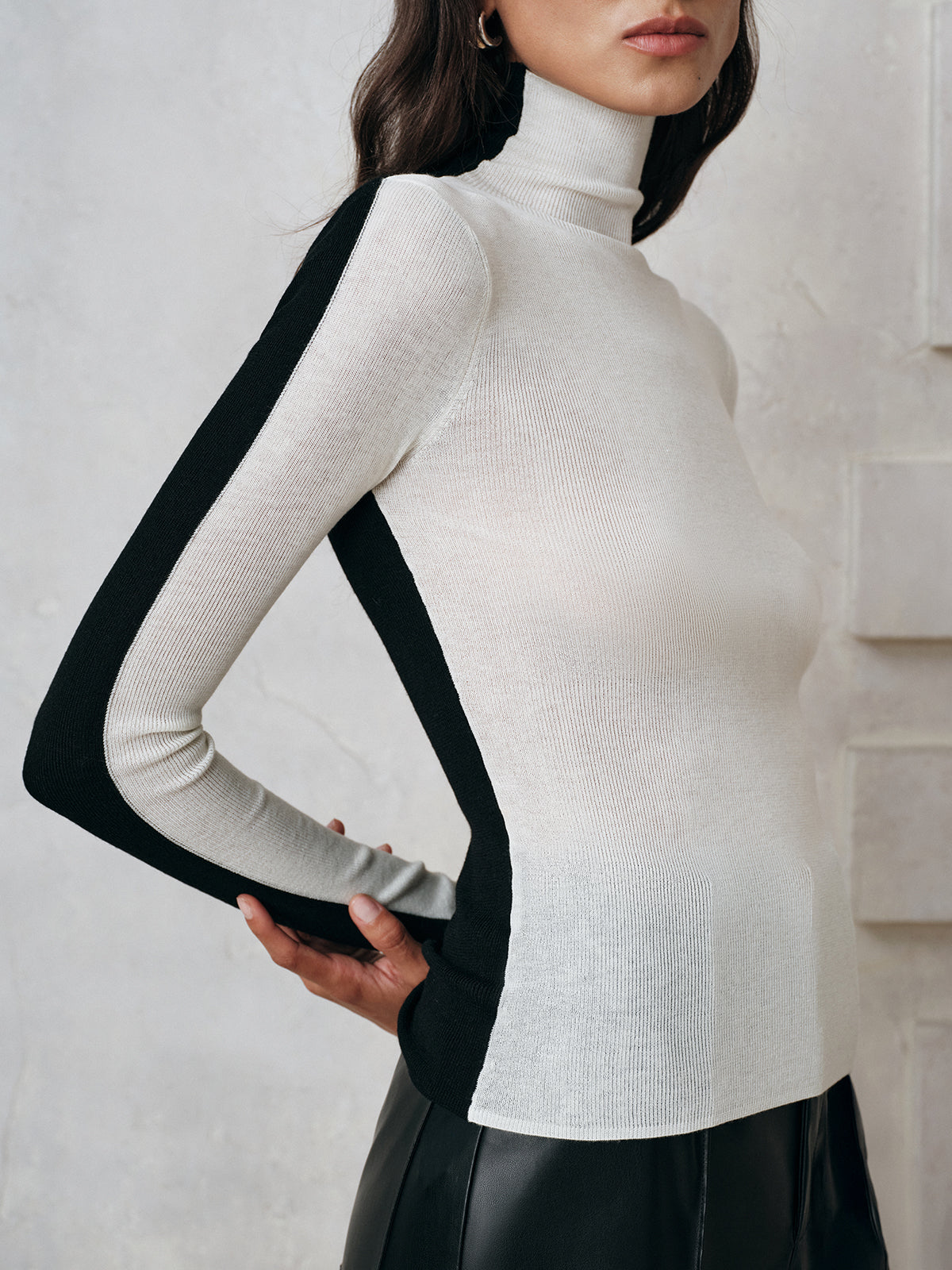 Renk Bloklu Yün Karışımlı Balıkçı Yaka Örgü Üst