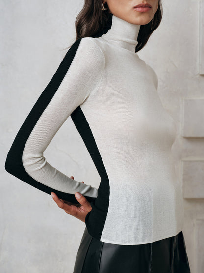 Renk Bloklu Yün Karışımlı Balıkçı Yaka Örgü Üst