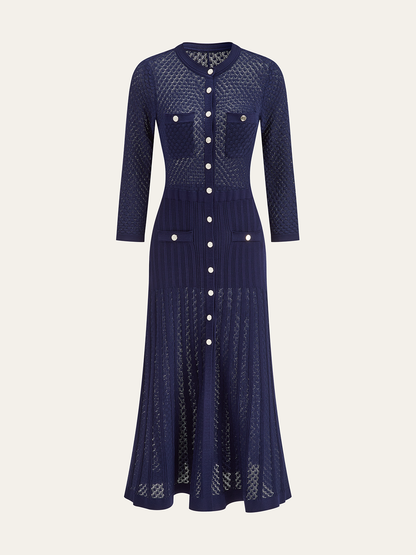 Önü Düğmeli Şeffaf Örgü Uzun Elbise