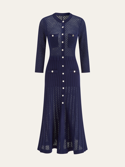 Önü Düğmeli Şeffaf Örgü Uzun Elbise